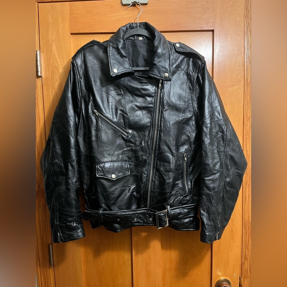Genuine Leather Brand Black Motorcycle Jacket God Bless America Patch Women L​​ - Picture 2 of 7